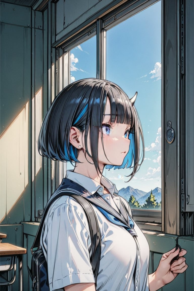 (Masterpiece), best quality, high resolution, highly detailed, detailed background, perfect lighting, 1girl, blue_eyes , classroom, bangs, short hair, two-tone hair, black hair, navy colored inner hair, school_uniform, full body, upper body, forehead, thin, ZKTR, one black horn, sky in window