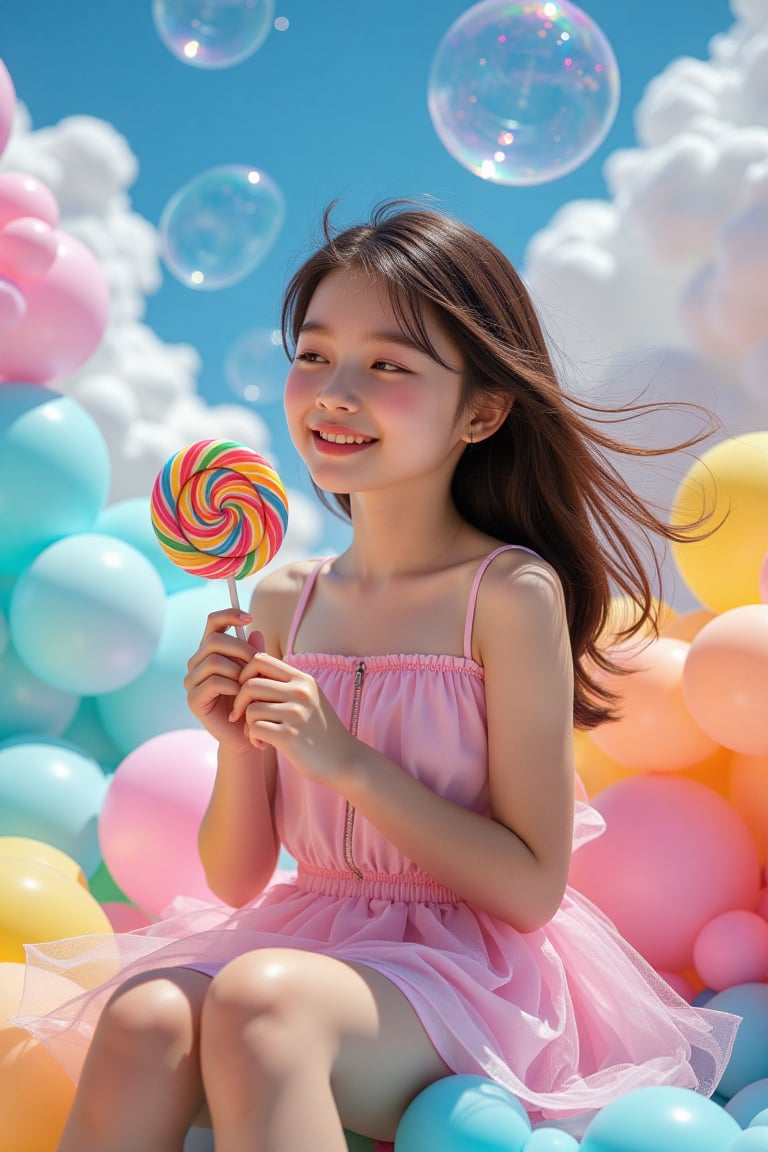 A whimsical Andersen-inspired scene unfolds. A 17-year-old girl sits serenely on a colorful cloud of blue, pink, yellow and green, her delicate hands holding a magnificent lollipop decorated with vivid swirls. The subject’s characteristically intricately detailed skin, defined eyebrows and happy smile are anatomically correct. Surrounded by lush and unpredictable transparent bubbles, the girl’s realistic face invites reflection. In the midst of the unrealistic scene and situation, the sweet atmosphere is heightened by the exquisitely beautiful and aesthetically pleasing cinematic lighting.