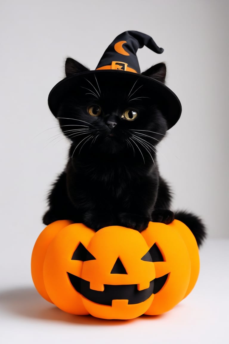 A high-resolution photograph of a cute and chubby plush black cat with long fur, sitting on an orange pumpkin. The cat wears a witch hat and sits on the face of a pumpkin lantern. The scene features soft color tones, simple details, and cute character designs, with bold typography. The background is gold and orange, creating a simple and clean look. Studio lighting effects enhance the pumpkin texture and details. Captured with a Canon EOS camera using a macro lens, under bright white lighting. The composition is centered, focusing on the adorable cat and festive pumpkin.