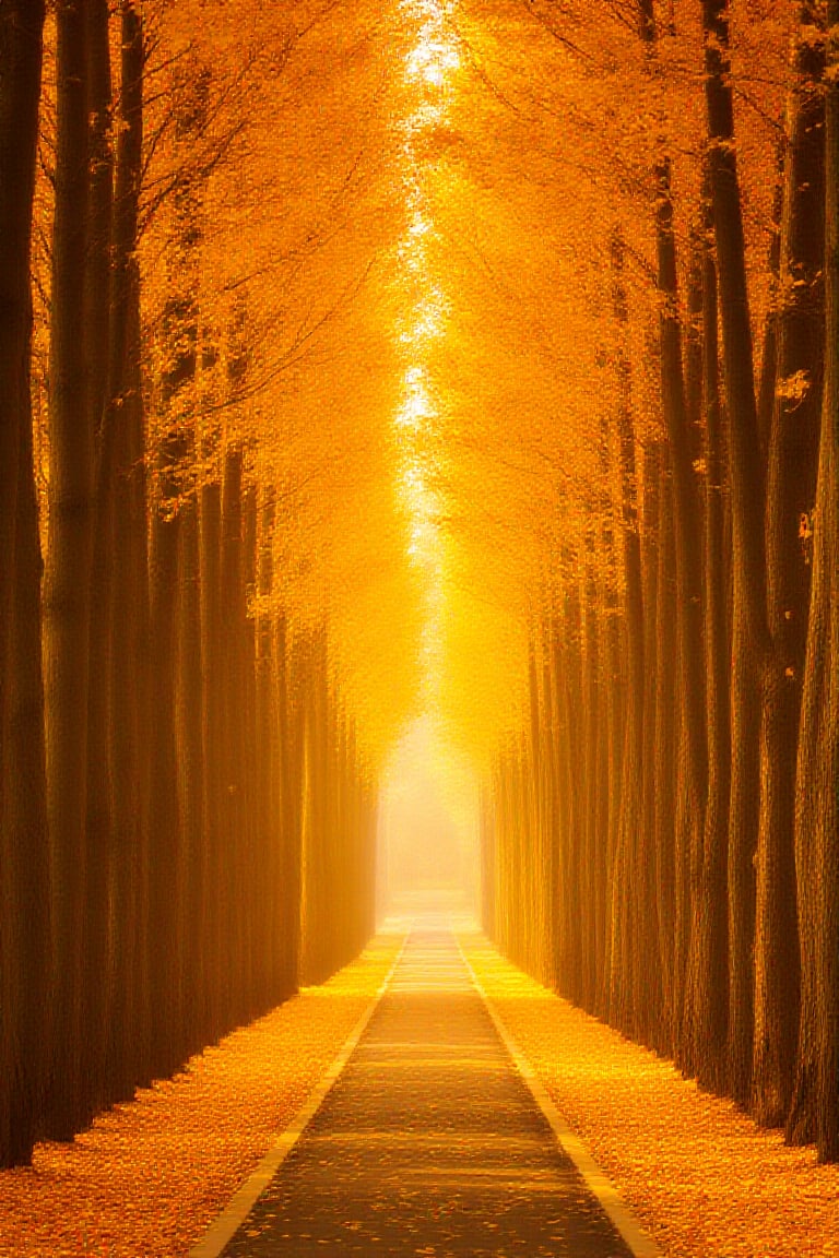 A majestic image captures two rolls of Ginkgo trees standing sentry along a footpath, their golden leaves carpeting the path in a warm, inviting hue. As the sun sets, the trees' dimensional rift-like appearance is illuminated by soft golden light, accentuating their unique shapes and shimmering foliage. The tranquil atmosphere is heightened by the balanced composition, with the trees framing the footpath and sky above, creating a serene landscape that transports the viewer to a peaceful realm.