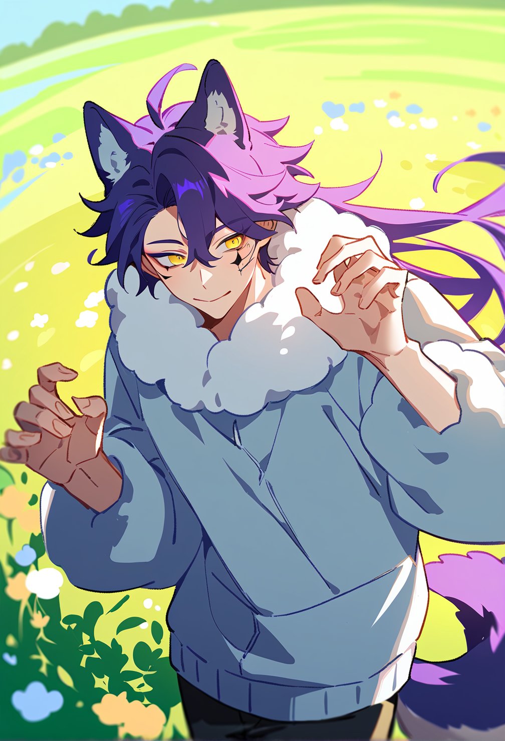 1boy, male focus, bishounen, purple hair, yellow eyes, wolf boy, wolf ears, wolf tail, fluffy white outfit, charming and graceful face, hopping, spring, meadow, colorful flowers, cowboy shot, source anime, score_9_up, score_8_up, score_7_up, best quality, amazing quality, best aesthetic, absurdres, year 2023, half long hair, black eye makeup