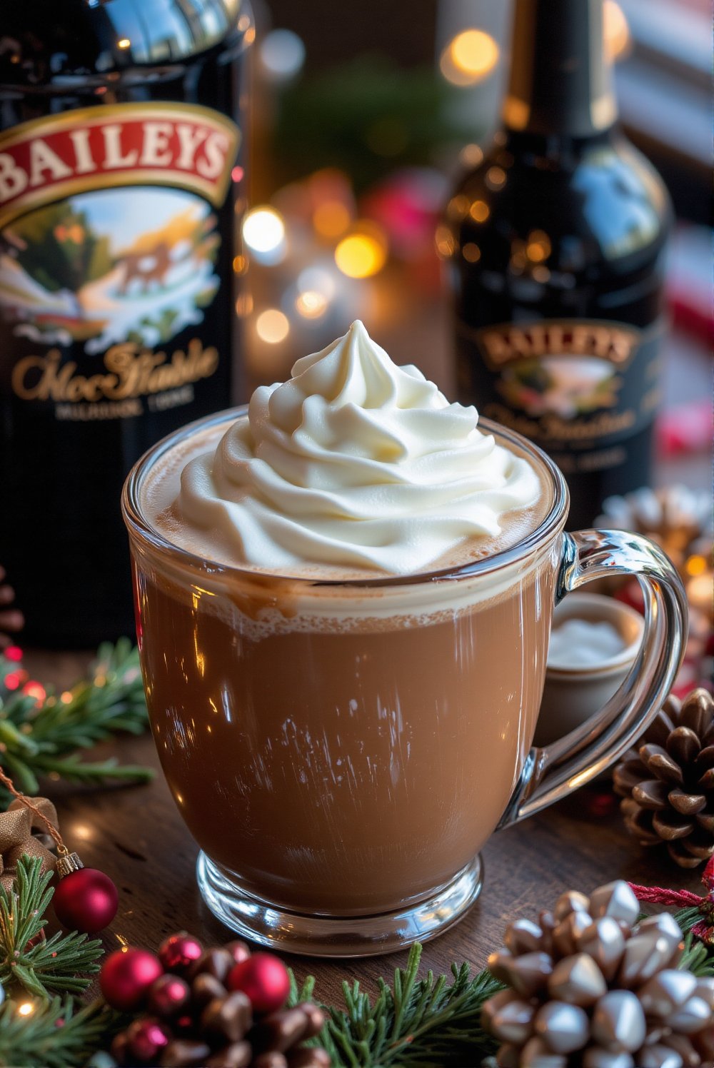 Classic holiday setting,  Baileys hot chocolate with whipped cream,  festive decorations around by Serjik on Tensor.Art