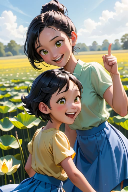 Sunlit family moment in a serene lotus field: A young girl with short black hair and a bright yellow shirt bursts into playful laughter as she points at her beaming father. Her sibling, clad in matching green shirts, giggles along beside her. Behind them, their mother, styled with an elegant updo, wears a soft light blue blouse and flowing blue skirt, a warm smile on her face as she watches the joyful scene unfold.