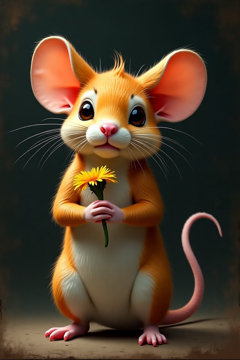 HDR photo of a mouse, He holds a flower in his paws, illustration, which is dressed in a cat's costume, old canvas, particles, dark background art by Earle Bergey, art by Steven DaLuz, art by Ignacio Zuloaga . High dynamic range, vivid, rich details, clear shadows and highlights, realistic, intense, enhanced contrast, highly detailed