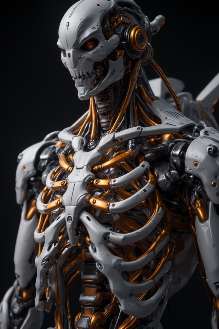 A skeleton mecha with Redbridge make-up,  with chest opening to reveal complex with intricate mechanical ribs and inside t...