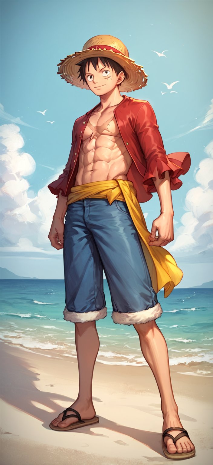 score_9_up, score_8_up, score_7_up, score_6_up,  High quality, 1 boy, luffy, straw hat, abs, scar on chest, red shirt, open clothes, open shirt, short hair, sandals , sea background, full body, (masterpiece, best quality), young man, View from the front, dynamic angle, standing, perfect hand with proper finger, BetterHands