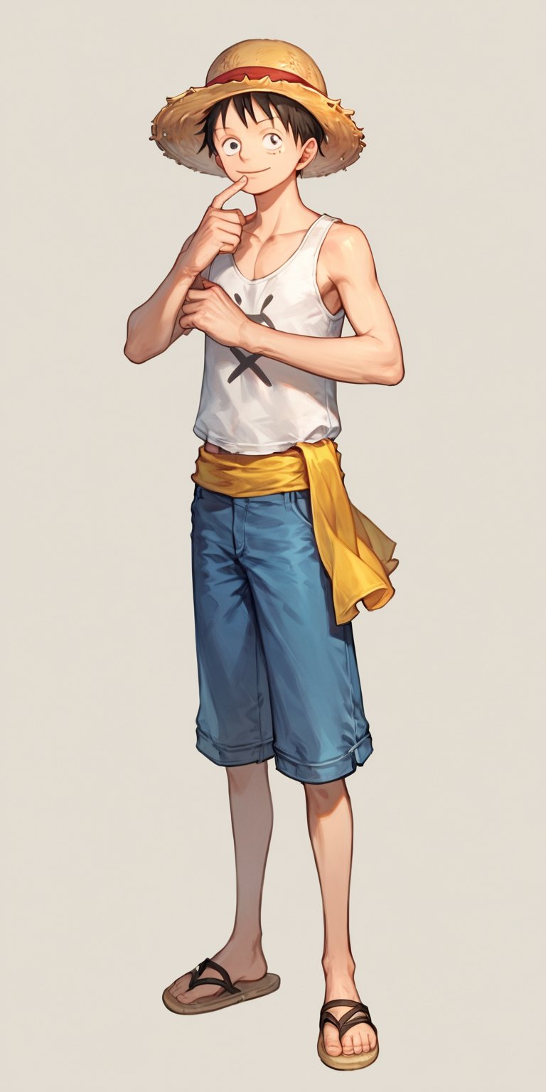 score_9_up, score_8_up, score_7_up, score_6_up, High quality, 1 boy, luffy, straw hat, white tank top T-shirt, open clothes, short hair, sandals, sea background, full body, (masterpiece, best quality), young man, View from the front, dynamic angle, standing, perfect hand with proper finger, BetterHands.