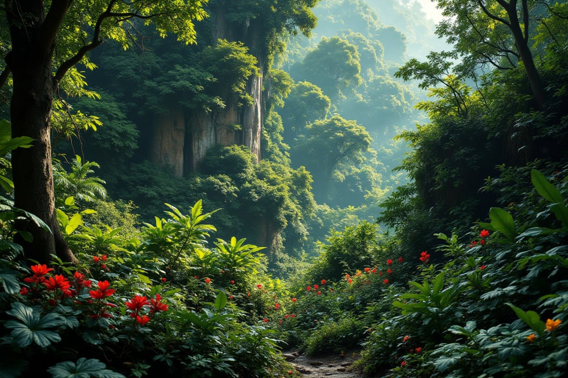 a detailed image of the tropical rainforest. it is lush,  colorful but overgrown. aidmafluxpro1.1 by Frank-O-Vision on Ten...