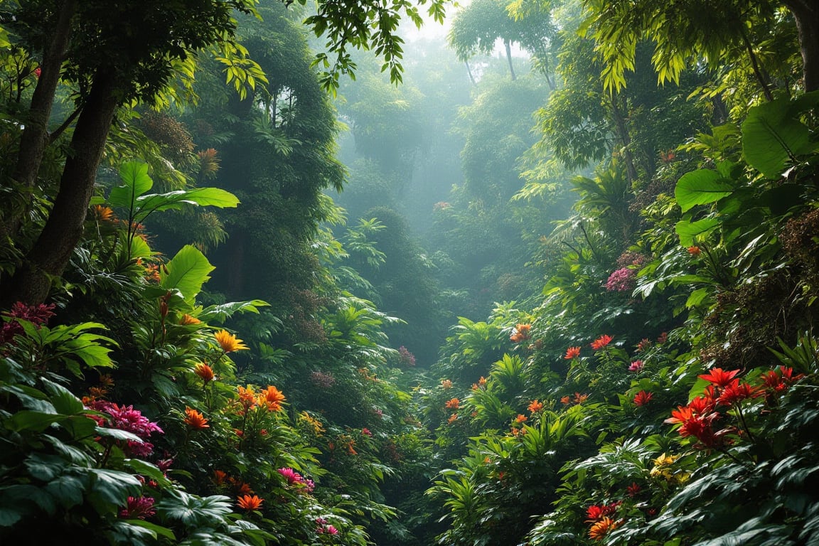 a detailed image of the tropical rainforest. it is lush,  colorful but overgrown. by Frank-O-Vision on Tensor.Art