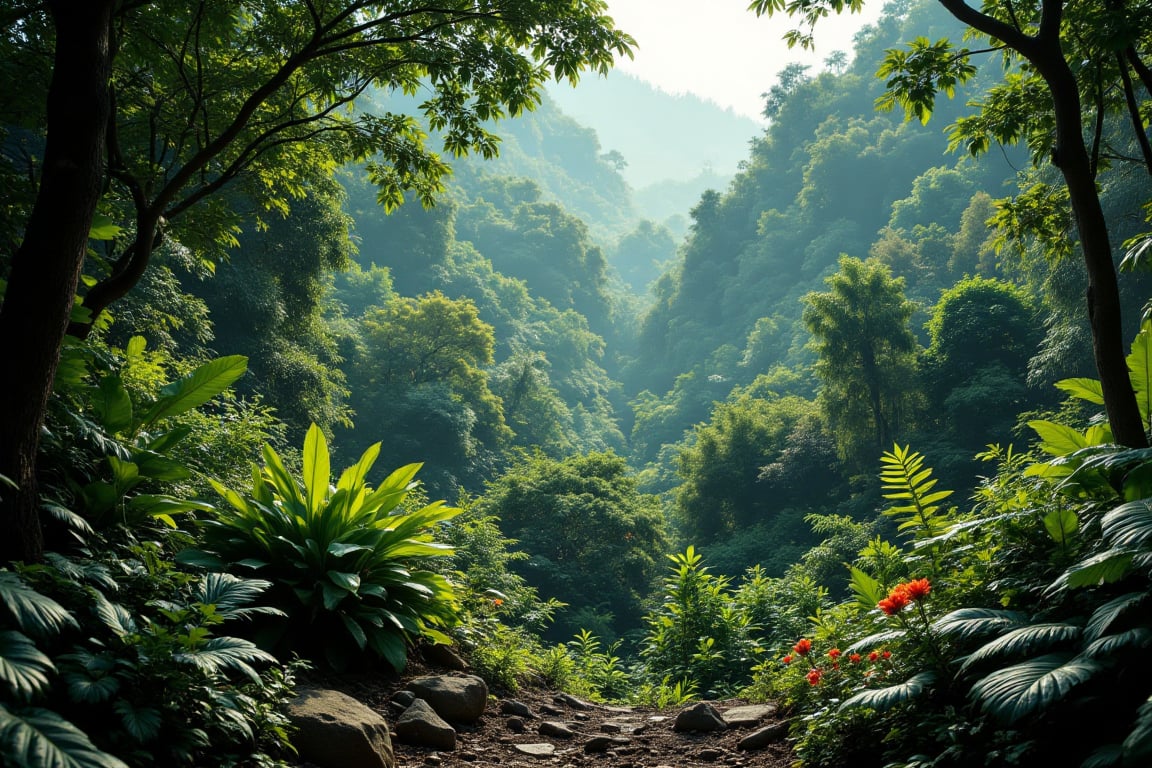a detailed image of the tropical rainforest. it is lush,  colorful but overgrown. aidmafluxpro1.1 by Frank-O-Vision on Ten...