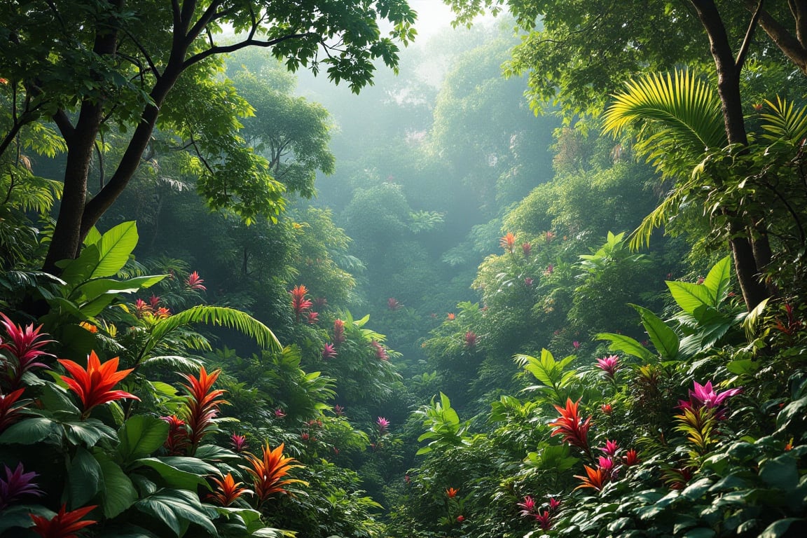 a detailed image of the tropical rainforest. it is lush,  colorful but overgrown. by Frank-O-Vision on Tensor.Art