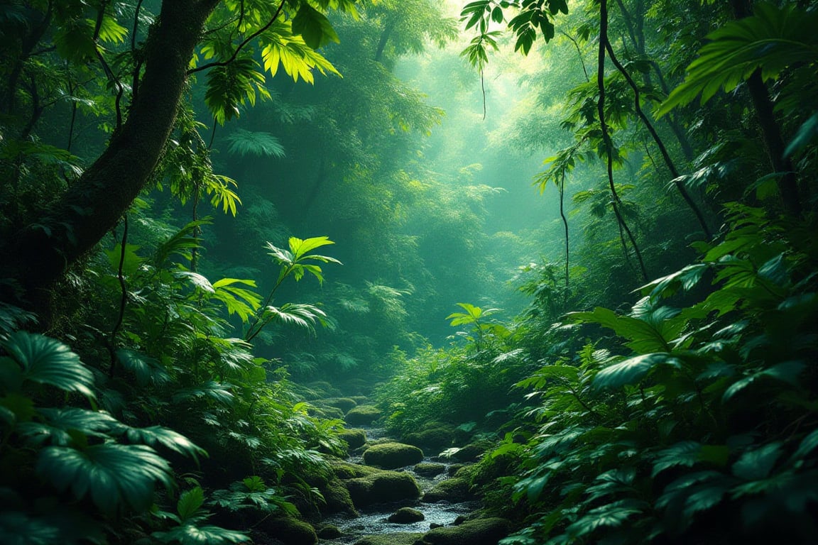 a detailed image of the tropical rainforest. it is lush,  colorful but overgrown. by Frank-O-Vision on Tensor.Art