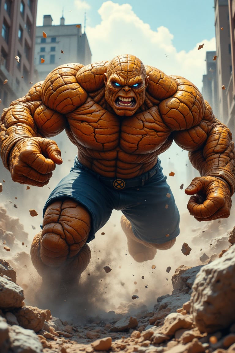 The Thing charges forward in an intense action shot,  his massive,  rocky fists clenched and ready to strike. His hulking...