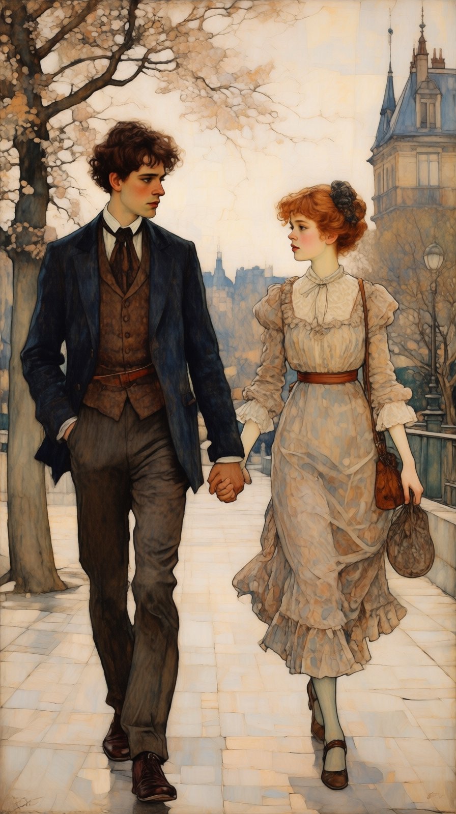 kaoruyamada2q painting,  A young man and a beautiful young girl are walking side by side,  holding hands. A joyful atmosph...