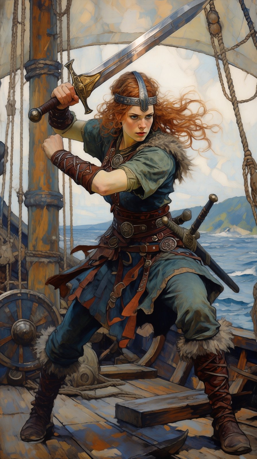 kaoruyamada2q painting. Viking warrior girl,  in an attack pose,  with a sword in her hands by Eldis on Tensor.Art