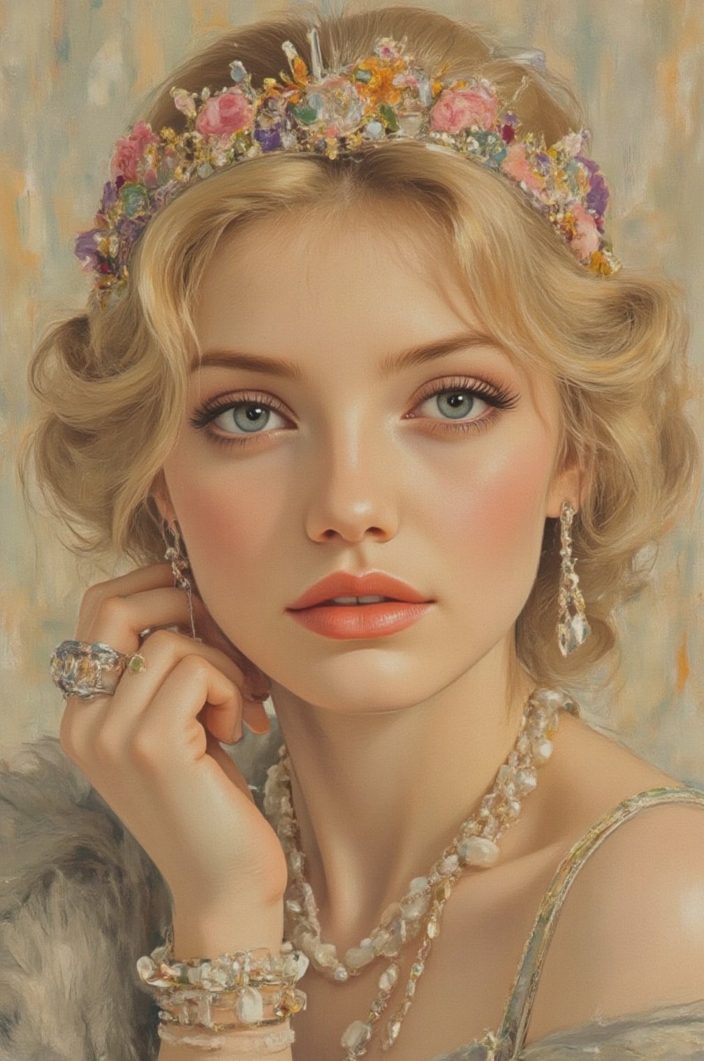 The close-up image shows a young woman of amazing beauty in a headdress and a dress in the style of the 1920s. Vintage sty...