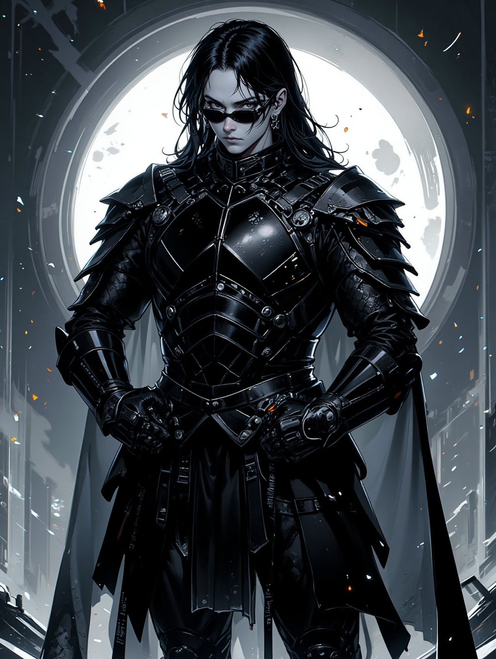 fullbody, handsome male goth with pale skin, long straight black hair, sunglasses, armored_dress, face piercings, fullmoon