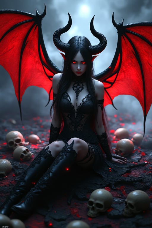 Fantasy digital artwork depicting a demon-like female character. The character has long, flowing black hair and pale skin, with striking red eyes. She is adorned in an intricate floor-length dark lace bodycon dress with bright red details. He wears high boots. Large bat-like wings extend from its back, with a deep red glow emanating from the membranes. Its head is crowned by curved and sharp horns. The background is filled with smoke and skulls, enhancing the dramatic and mystical atmosphere. The overall composition is centered, with the character as the focal point, surrounded by a vivid contrast of dark and fiery elements. She is stretched out on the floor as if she were crying. Concept art, cgsociety contest winner,  hd, 4k, 8k, soft body, shadow play, light, atmospheric, cinematic, light film, hyper detailed, hyper realistic, masterful work, atmospheric, high resolution, 8k, HDR, 500px, mysterious and ornate digital art, photic, intricate, fantasy aesthetic + 8k