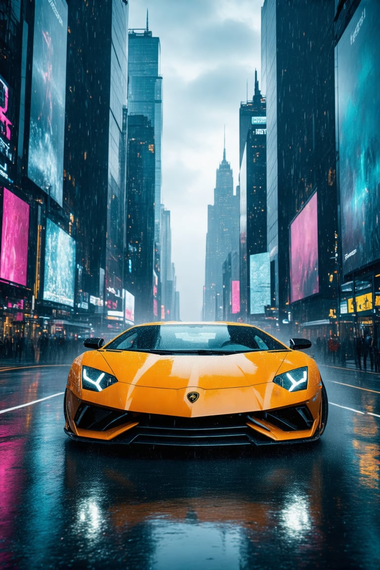 A sleek Lamborghini Aventador on neon-lit streets of a cyberpunk city, futuristic skyscrapers towering in the background, rain-soaked pavement reflecting vibrant colors, the car's headlights cutting through the fog, a digital billboard glowing in the distance, the driver's hand resting on the open window, dynamic angle capturing the speed and power, high contrast lighting emphasizing the metallic sheen of the car, detailed interior visible through the open door, urban decay and advanced technology blending seamlessly.