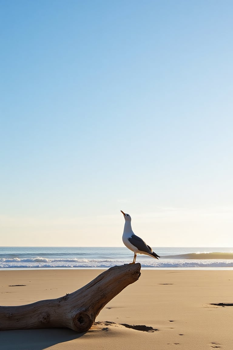 A serene beach scene with a seagull perched on a driftwood log, looking up at the expansive blue sky. The sun casts a warm, golden glow over the sand and gentle waves, creating a soft, natural light. The seagull is in a mid-air pose, with its wings slightly spread, capturing a moment of curiosity and tranquility. The composition frames the seagull against the vast sky, emphasizing the open, peaceful atmosphere of the beach.