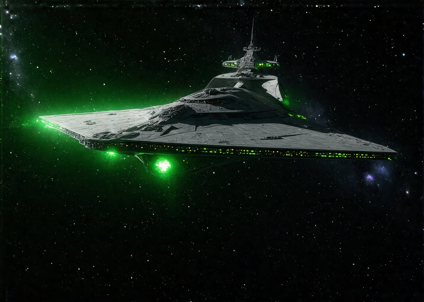 A wide-angle, cinematic shot showcasing more of a large, complex alien spaceship with strange curves and alien details. The ship's sleek, metallic surface features green and black highlights, reflecting the sun's light with vibrant color range and high contrast. A dense array of stars and galaxies, including the Milky Way, fills the black expanse of space. The forced perspective emphasizes the scale and detail of the ship, with the foreground showcasing intricate hull designs and alien textures, leading the eye to the celestial bodies. The wide-angle effect and dynamic color palette create an immersive, visually striking scene.