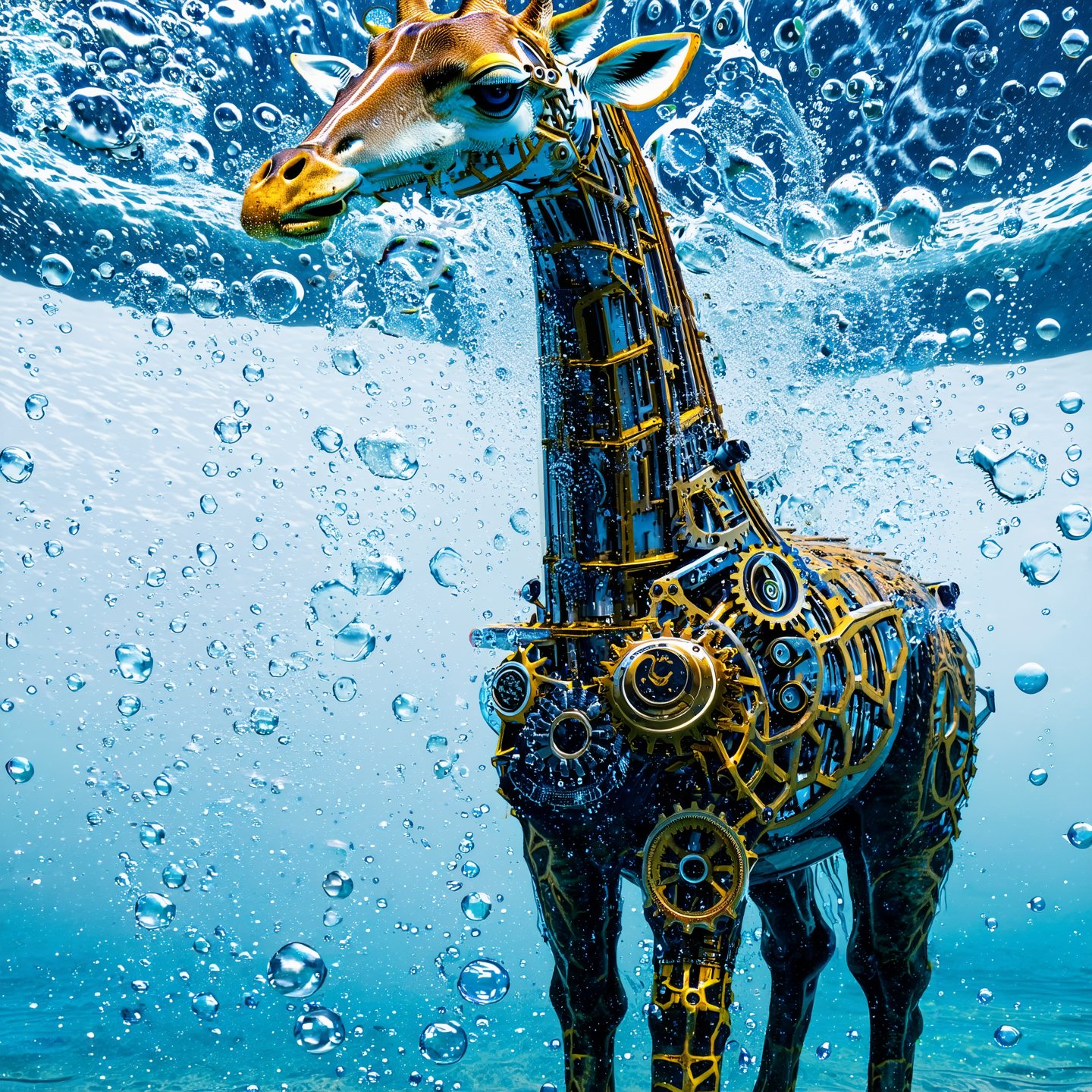 watce, a giraffe made out of water and mechanical gear, standing in the water with bubbles,A giraffe with a gear body wrapped in liquid flesh,Mechanical,intricately constructed 