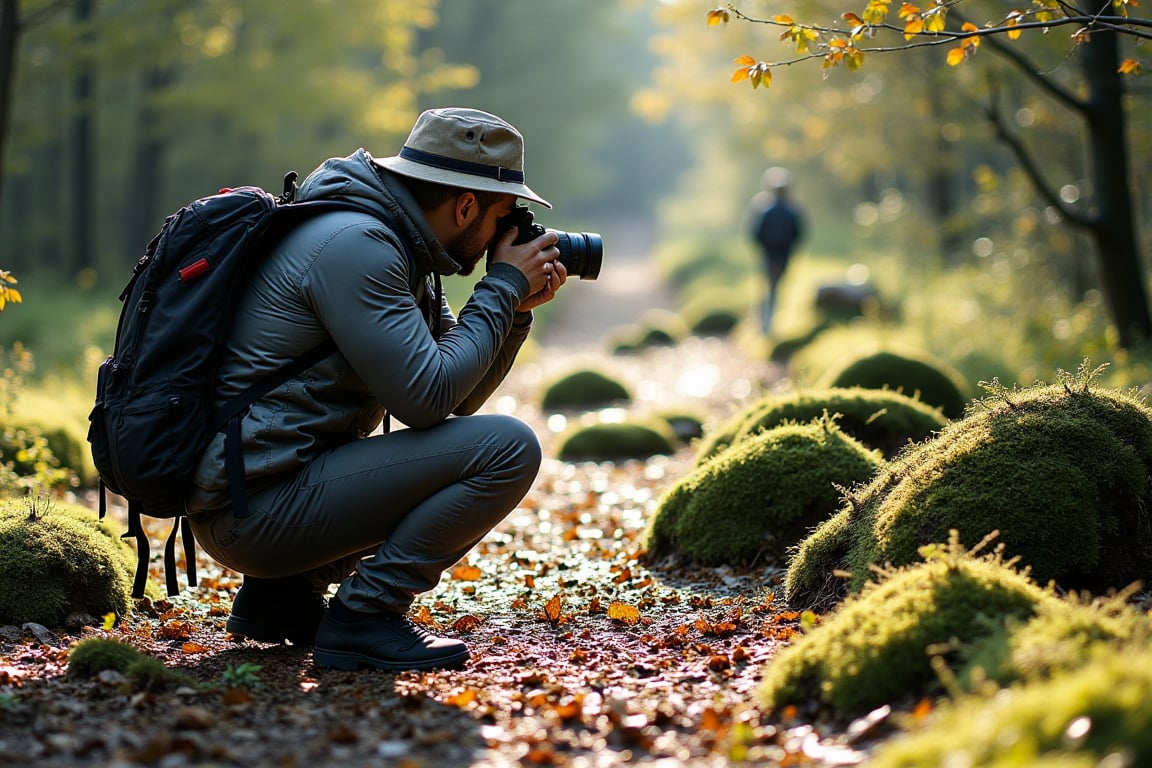 Nature photographer in forest, rugged outdoor gear, DSLR camera, sunlight filtering through trees, dynamic shadows, moss-covered logs, hyper-realistic textures, earthy color palette.

A nature photographer kneels in the forest, adjusting the focus on their camera,, Soft sunlight filters through the dense leaves, casting shadows across the vibrant green moss and the photographer’s rugged outdoor gear,, The DSLR camera is large, with a telephoto lens, capturing the scene with extreme clarity
.
The photographer is crouched down near the center of the frame, focusing intently,, A nature photographer dressed in rugged, outdoor gear,, Their face is partially hidden by a wide-brimmed hat,, They hold a large DSLR camera, adjusting the focus while crouched down in the underbrush
.
The forest floor is lush and alive with greenery, with moss-covered logs and stones scattered about,, Light and shadow create a soft, natural contrast that highlights the textures of the photographer's gear and the foliage
.
Hyper-realistic with detailed textures on the photographer's gear and the forest foliage,, Soft sunlight filters through the trees, creating dynamic shadows on the ground,, Highly detailed with a natural, earthy color palette that emphasizes the contrast between light and shadow