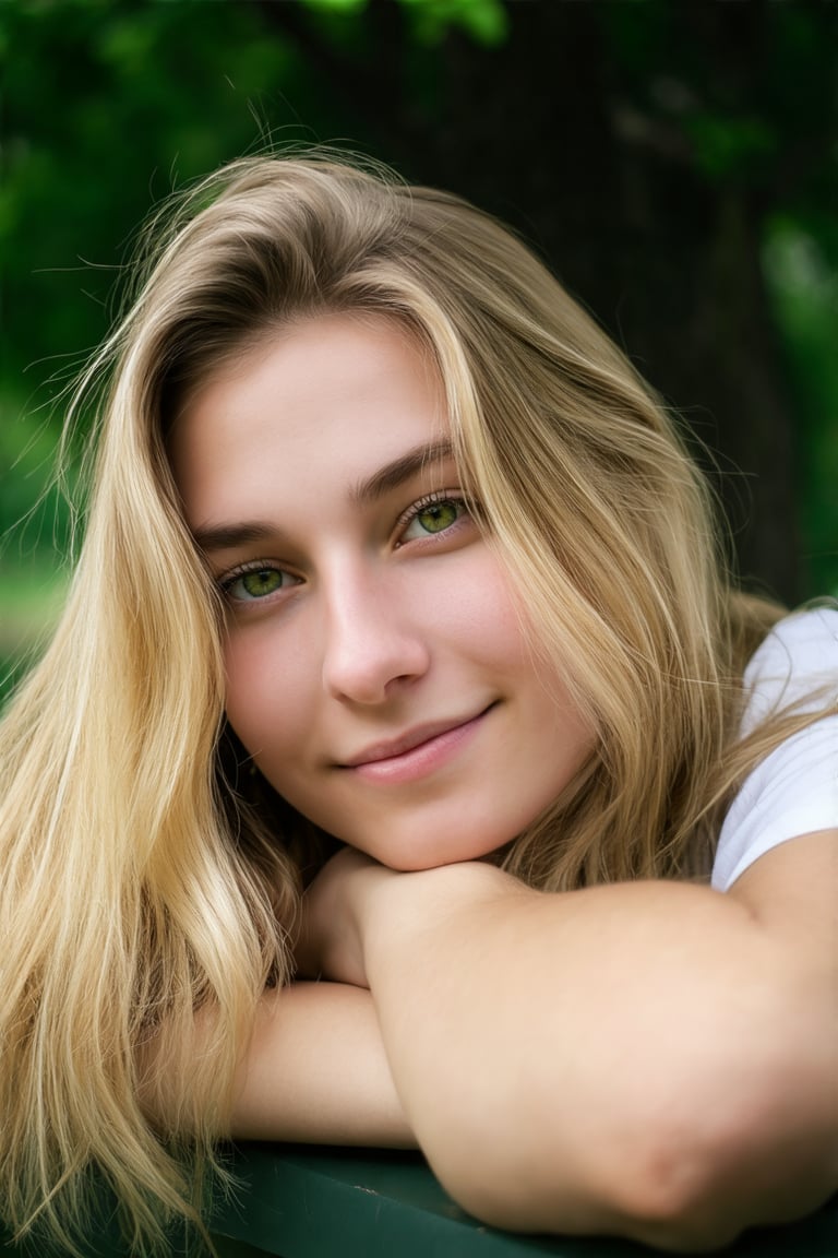  a close-up portrait of a young woman with blonde hair and green eyes. She is resting her head on her hands and is looking directly at the camera with a slight smile on her face. The background is blurred, but it appears to be a garden or park with trees and greenery. The lighting is soft and natural, highlighting the woman's features. The overall mood of the image is peaceful and serene.