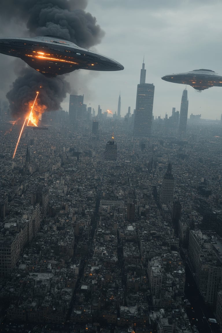 Ultra-realistic photo of apocalyptic chaos unfolds in the heart of Manhattan as multiple extraterrestrial vessels descend upon the cityscape. A fleet of glowing saucers and sleek spacecraft streak across the sky, unleashing a barrage of laser blasts and energy projectiles that rip through concrete skyscrapers. Flames engulf the city's iconic landmarks as smoke billows into the atmosphere, casting a dark shadow over the devastation below.