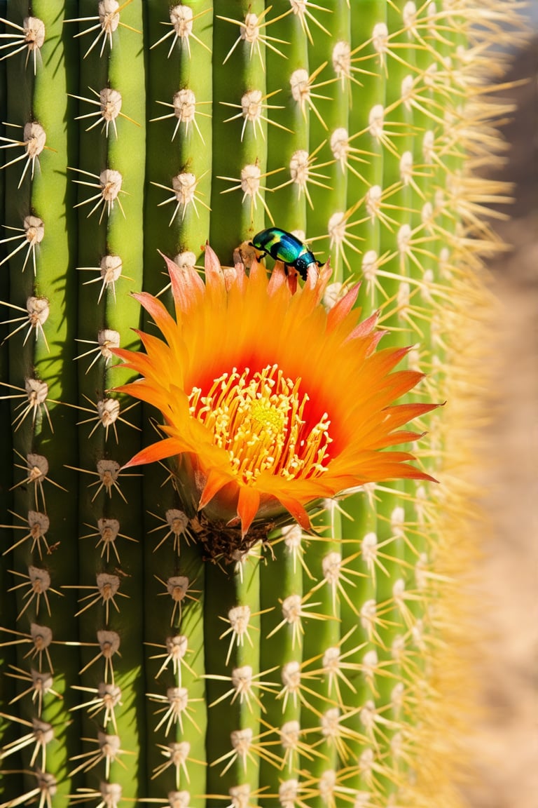 A close-up shot of a tall cactus in the desert, showcasing its intricate spines and a vibrant flower in full bloom. A small, native beetle crawls along the cactus, its iridescent shell glistening under the harsh sunlight. The composition highlights the detailed textures of the cactus, the delicate petals of the flower, and the beetle's intricate design, all set against the arid desert backdrop.