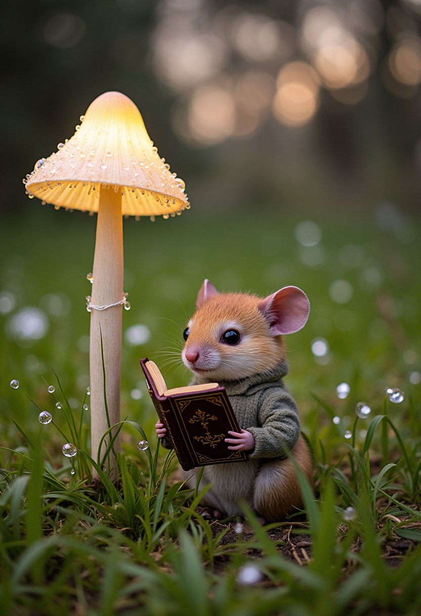 A small mouse sits beside a glowing mushroom, reading a worn, leather-bound book in the gentle light,, Dew drops glisten on the surrounding grass like scattered gems, reflecting the faint luminescence of the mushroom,, A slight breeze moves the blades, causing the dew to shimmer subtly
.
The mouse is seated beside the mushroom,, The mouse is small and delicate, dressed in a tattered waistcoat that hints at a storied life,, Its eyes are wide with curiosity, and its tiny paws hold a worn, leather-bound book
.
The mushroom stands tall, casting a soft glow over the scene,, A glowing mushroom with luminescent spots, emitting a soft, ethereal light
.
The forest floor is blanketed with dewy grass, with each blade adorned with reflective droplets
.
Photorealistic with fantasy accents,, Fine textures in fur, fabric, and grass blades,, Soft lighting to create an enchanting atmosphere