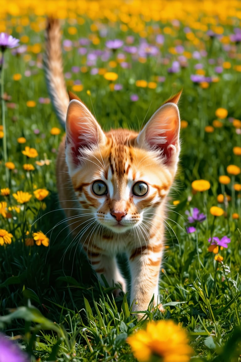 there is a small orange kitten walking through a field of grass, cute and adorable, beautiful and cute, cute kitten, ginger cat, adorable appearance!!!, an adorable kitten, adorable and cute, cute and lovely, cute cat photo, lovely and cute, cuteness, aww, in a field of flowers, beautiful picture of stray, cute cat, !! looking at the camera!!