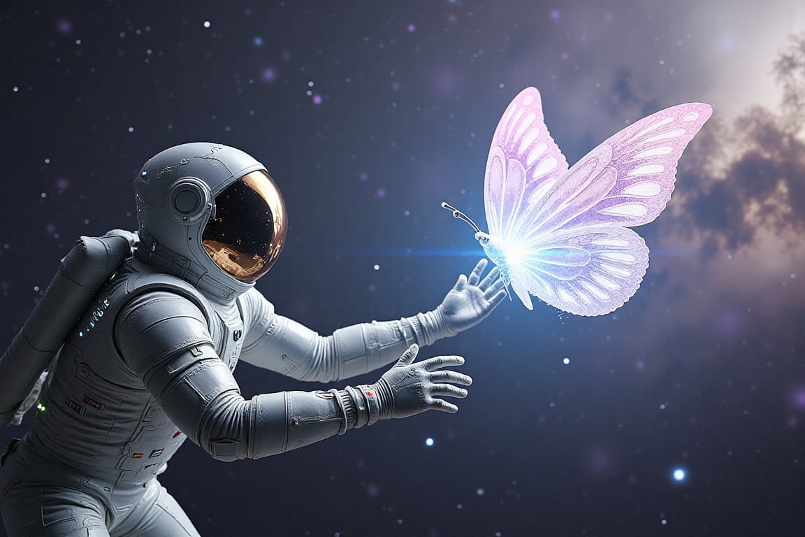 hyper-detailed, 4k, sharp clarity, photorealistic, astronaut in space, cosmic butterfly, visor reflecting cosmos, swirling nebulae, vibrant colors, inspiring atmosphere, dynamic highlights, natural lighting, ultra-realistic depth, fine details, immersive scene, realistic shadows, ethereal beauty.

A futuristic astronaut reaches out to touch a glowing cosmic butterfly in space,, Their visor reflects the vast expanse of the cosmos, capturing swirling nebulae and distant galaxies,, The cosmic butterfly leaves a trail of stardust that illuminates the astronaut's path,, They are surrounded by a tapestry of stars, colors ranging from deep blues to vibrant purples and pinks.

.

The astronaut floats gracefully in zero gravity,, The astronaut wears a sleek, advanced spacesuit with reflective surfaces and subtle lights,, The visor is made of a mirrored material,, Their posture is open and curious.

.

The cosmic butterfly flutters just beyond the astronaut's fingertips,, The cosmic butterfly is a large, ethereal creature with wings resembling nebulae, glowing with vibrant colors,, It leaves a trail of stardust as it moves.

.

The scene captures the vastness of space with swirling nebulae and distant galaxies,, The colors and lights create an inspiring and contemplative mood.

.

The image is rich in color and contrast, with sharp details and ethereal effects,, Emphasis on vastness and intricate beauty,, The scene has an inspiring and contemplative mood.