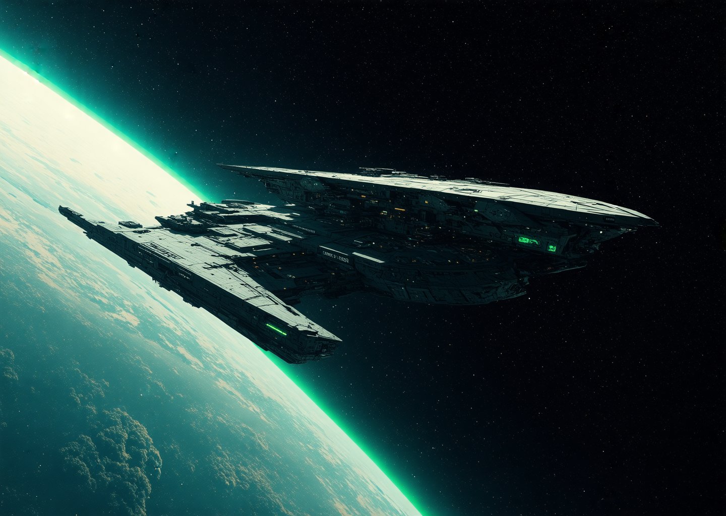 A wide-angle, cinematic shot showcasing more of a large, complex alien spaceship with strange curves and alien details. The ship's sleek, metallic surface features green and black highlights, reflecting the sun's light with vibrant color range and high contrast. A dense array of stars and galaxies, including the Milky Way, fills the black expanse of space. The forced perspective emphasizes the scale and detail of the ship, with the foreground showcasing intricate hull designs and alien textures, leading the eye to the celestial bodies. The wide-angle effect and dynamic color palette create an immersive, visually striking scene.