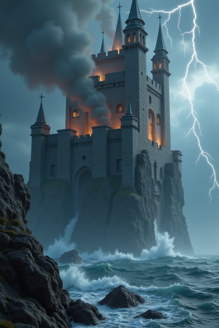 A colossal stone castle floats above a raging stormy ocean, its towers partially hidden by dark storm clouds,, Lightning flashes in the sky, illuminating the castle’s weathered stone walls and casting stark shadows across its surface,, Below, the ocean churns violently, sending waves crashing into the jagged rocks below
.
The castle hovers above the scene, immense and foreboding,, A colossal stone castle with towering spires, hovering above the stormy ocean,, Dark storm clouds surround the castle, with flashes of lightning illuminating its massive structure
.
The turbulent ocean below reflects the storm’s intensity, with detailed water textures showing the crashing waves and their impact on the jagged rocks,, The flashes of lightning create a dramatic contrast between the dark sea and the illuminated sky
.
Hyper-realistic with dramatic lighting from the storm,, The castle’s stone walls are textured and weathered, with every crack visible in high detail,, The churning ocean and waves are lifelike in their movement, with detailed water textures and reflections from the lightning,, Cold, stormy tones dominate the scene, adding intensity and depth