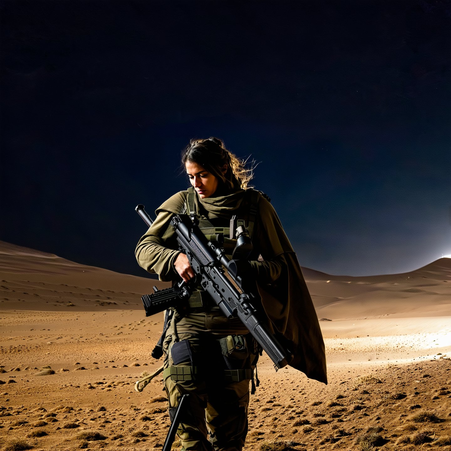 A 38 year old special forces elite woman, rugged clothing suitable for the rigors of war, complemented by a long cloak that billows behind her in the strong wind. She is armed with a sniper rifle. night time, in the desert, arab woman