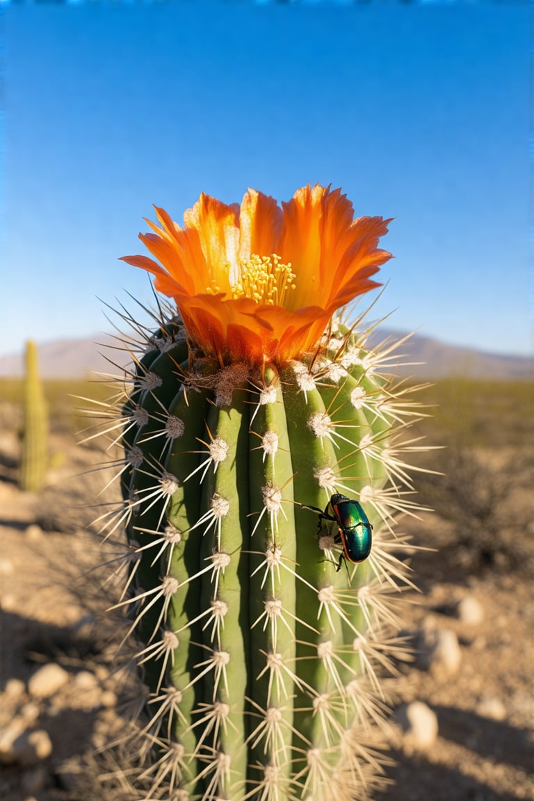 A forced perspective shot of a tall cactus in the desert, with extreme close-up details of its spines and a vibrant flower in full bloom. A small, native beetle crawls along the cactus, its iridescent shell glistening under the harsh sunlight. The wide-angle lens captures the expansive desert landscape in sharp focus behind the cactus, creating a dramatic contrast between the macro details and the vast, arid environment.