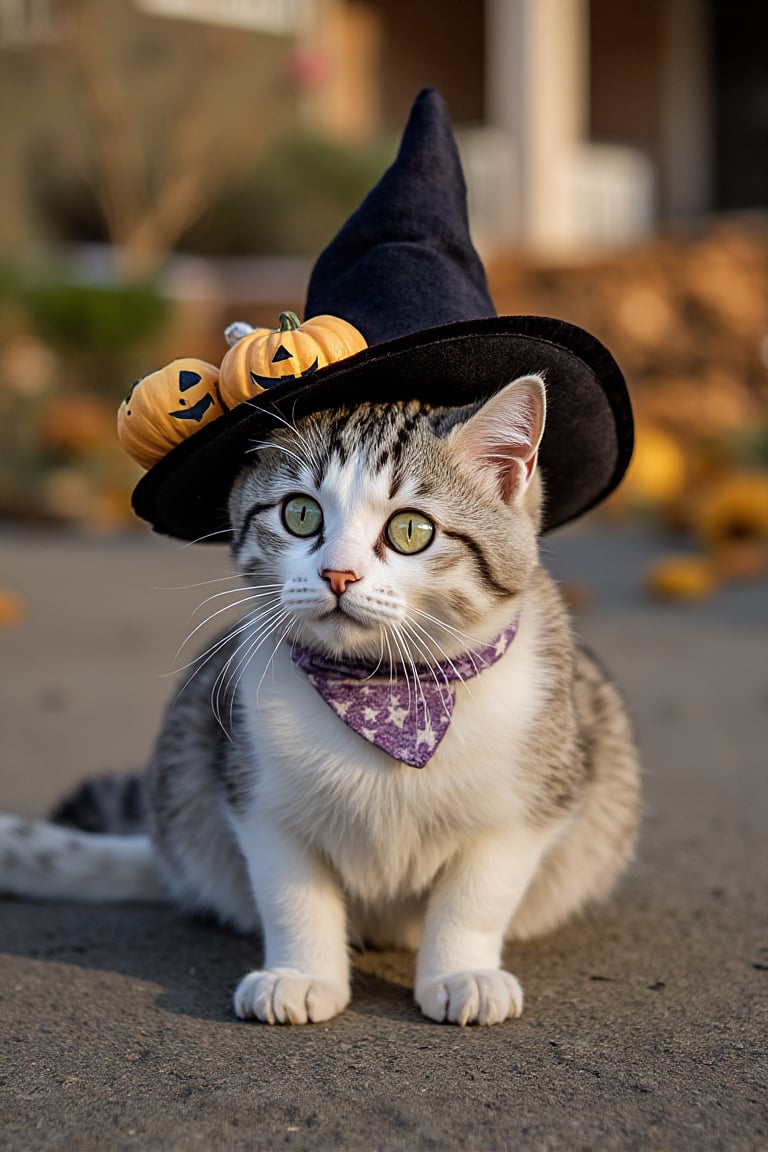 cat wearing witch hat, halloween decorations, depth of field, 