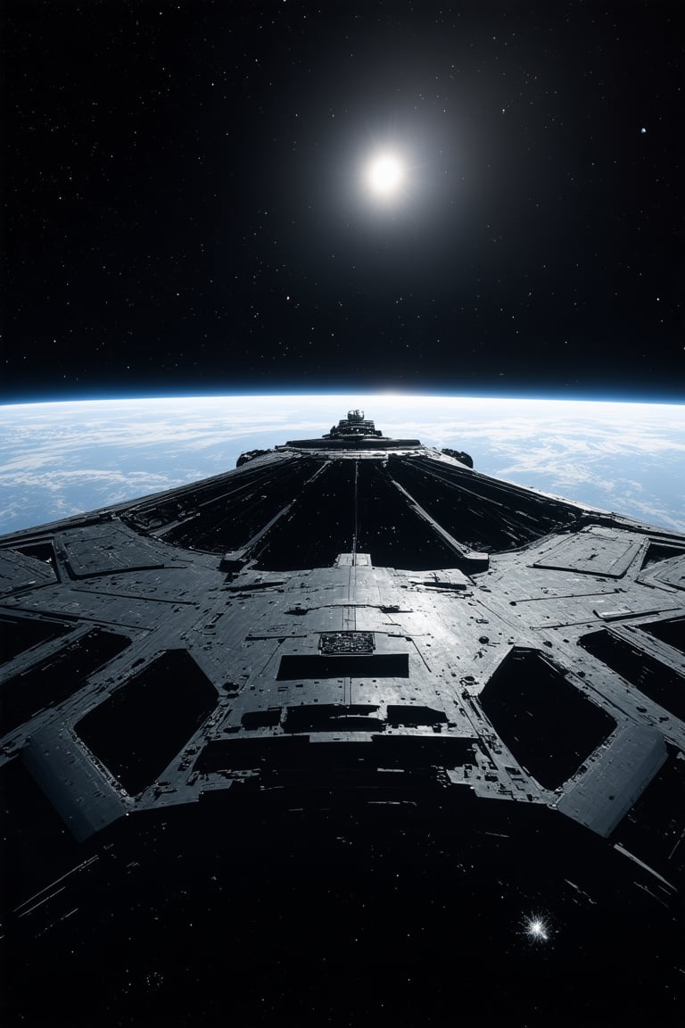 An intricate forced perspective image of the front end of a large, complex, sleek alien spaceship, with a sun and distant moon in the background. The spaceship's metallic surface reflects the sun's light, while celestial bodies dot the black expanse of space. The image is framed with the spaceship's detailed hull in the foreground, leading the eye to the sun and moon, creating a sense of depth and vastness.