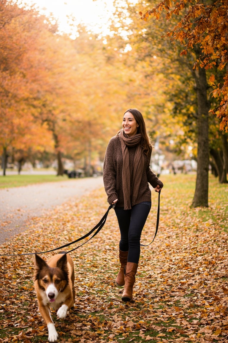 A woman in fall clothes, wearing a cozy sweater, scarf, and boots, walking a dog in a park. The park is filled with autumn leaves, golden and red hues, with sunlight filtering through the trees. The woman is smiling, holding the leash, as the dog trots happily beside her. The scene is framed with the park path in the foreground and trees in the background, creating a warm, inviting atmosphere.