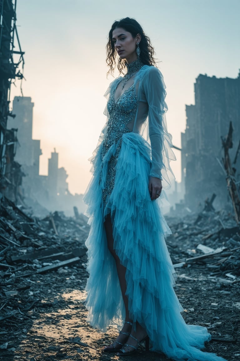 A cinematic photo of a stunning model dressed in light blue with open shoes, luxury dress, in the style of multi-layered textures, ornamental details, gothic core, highly detailed, photorealism, attractive and gorgeous beauty, while standing dominantly and confidently in a desolate place. , dark post-apocalyptic cityscape, capturing the stark juxtaposition of beauty and decay, with the model's perfect skin shining like a beacon of hope amidst the devastated cityscape. Photographed with a focused depth of field to blur the gloomy surroundings, emphasizing her striking, rebellious pose. full body, golden hour.