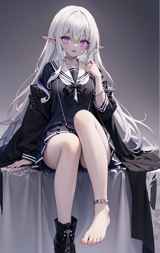 （Grey black skin）,grey black skin,Elf Ear,vampire,White hair, purple eyes, long hair,  magician, feet,female, loli,anklet,garter,Dark elf, gray skin,big chest,solo,boot,sailor uniform