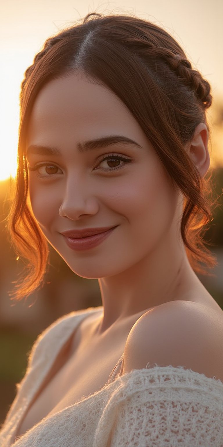 A close-up of a woman Syifa Hadju with natural grace, her face turned slightly to the side, her features highlighted by soft, warm light, and her hair softly braided, set against a blurred sunset scene.