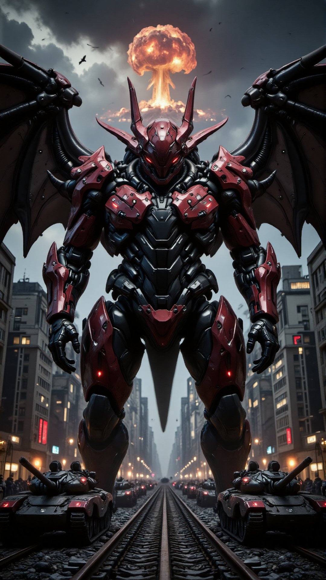 A close-up shot of a colossal cyborg dragon's face, its metallic scales glistening in the dim light of a ravaged futuristic cityscape. Giant robotic wings spread wide, ready to unleash destruction. Amidst the chaos, a nuclear explosion illuminates the darkening sky, casting an eerie glow on the scene. Bullets whizz by, cannons boom, and tanks rumble through the streets as the cyborg dragon prepares for battle.