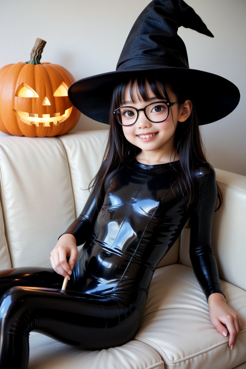 Super Realistic, straight_hair, child girl, 10 year old, black hair, Japanese, pale, skinny, black glasses, witch_hat, laying on couch, latex bodysuit, magic_wand, sexy, smiling,living room,  ,score_9, score_8_up, score_7_up,source_real,real skin, BREAK,Extremely Realistic, midnights, jack-o'-lantern