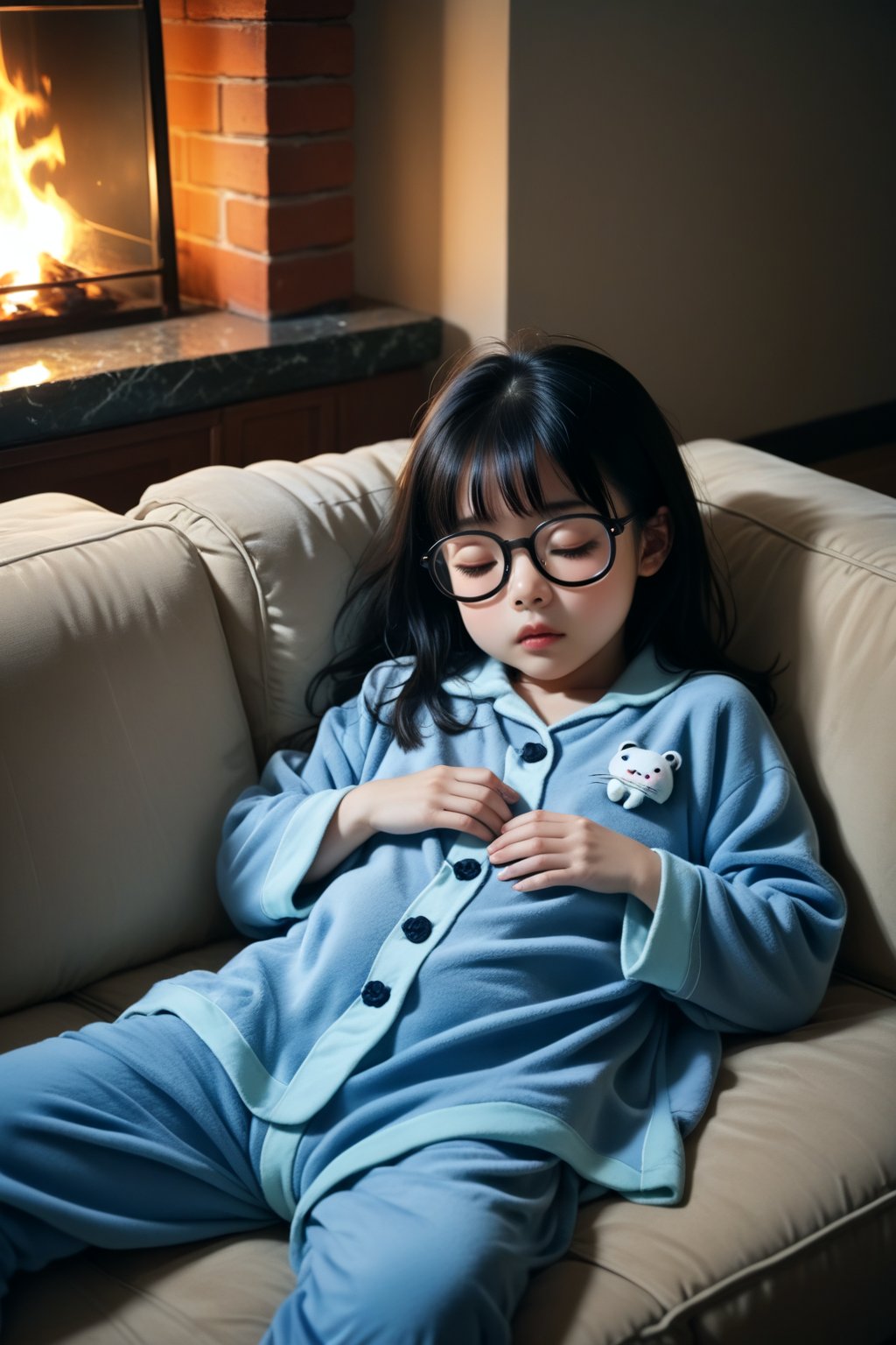 Super Realistic, straight_hair, child girl, 10 year old, black hair, Japanese, pale, skinny, black glasses, pajama, laying on couch, sleeping, snoring,living room,  ,score_9, score_8_up, score_7_up,source_real,real skin, BREAK,Extremely Realistic, midnight, fire place, dim lit