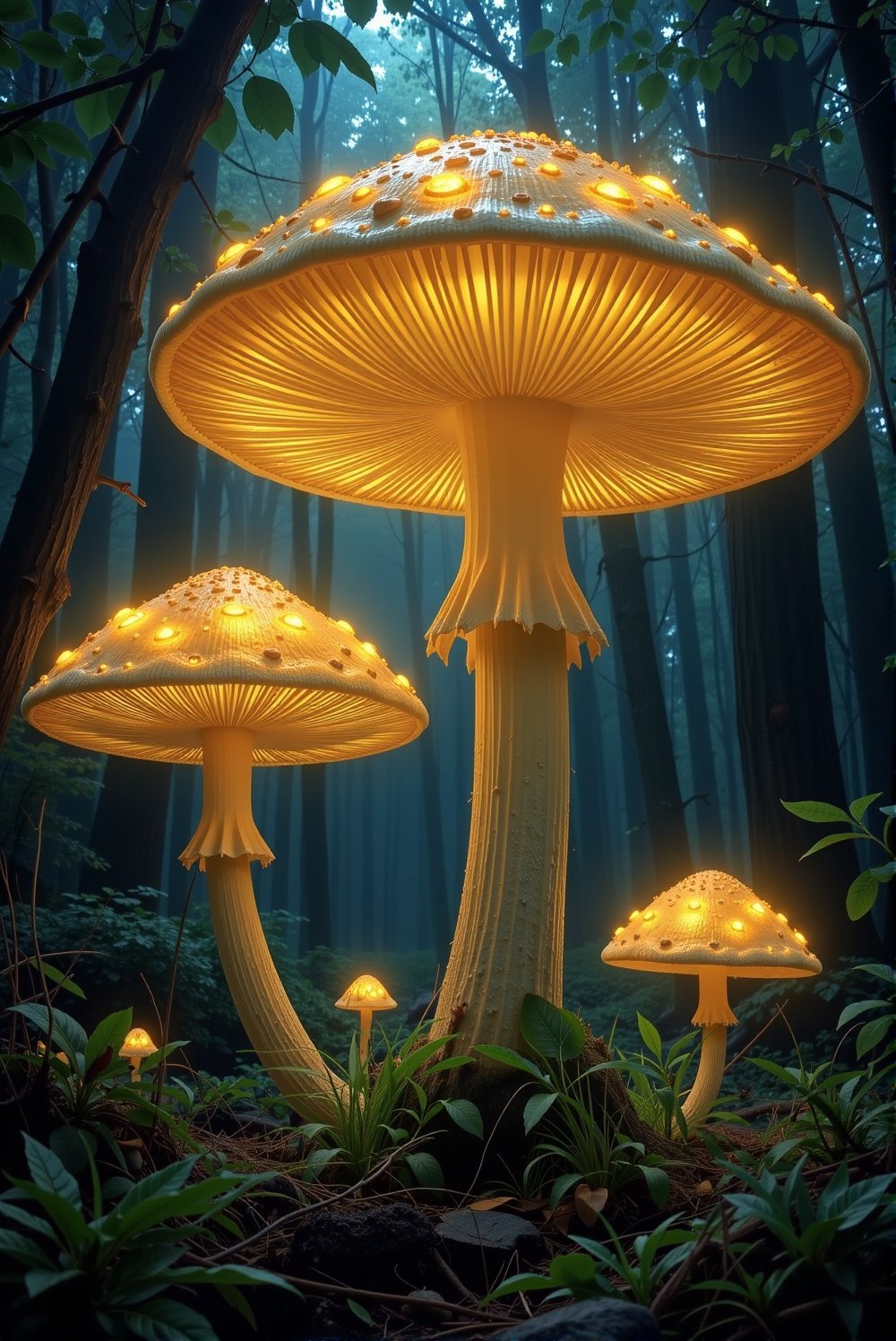 Ominous mushrooms in a dark forest — giant glowing mushrooms with an otherworldly light have grown against the background of a deep forest. The leaves and branches create an atmosphere of unexplored magic