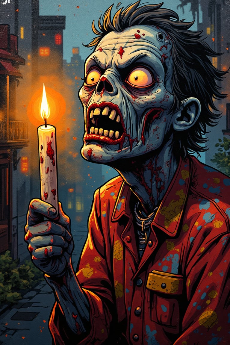 Masterpiece, graffiti artwork, halloween theme about a very very creepy zombie and candle, high quality, 8K resolution.