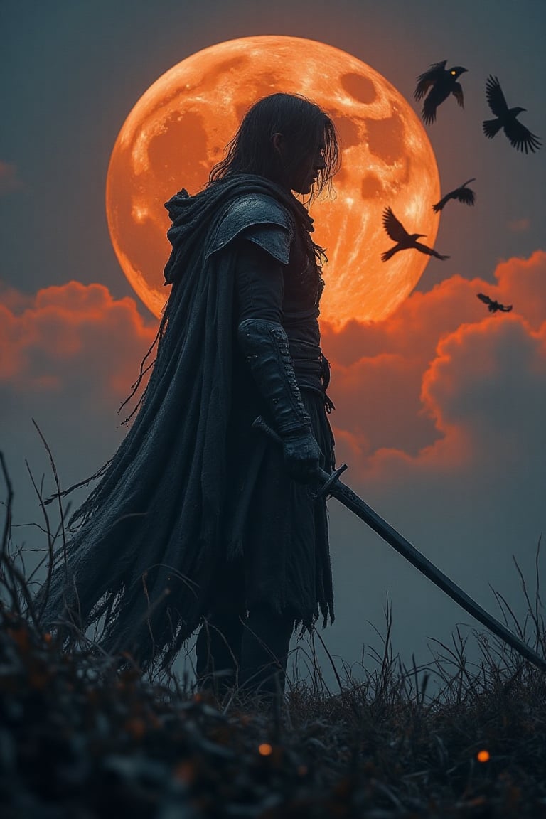 A lone figure stands silhouetted against a striking sky, where the full moon hangs low, casting its light over a vivid gradient of orange and blue. The dramatic hues of the sky blend together, creating an ethereal atmosphere that exudes both beauty and tension. The figure's form is almost entirely consumed by shadow, but their stance radiates power and unwavering determination. In each hand, they hold a long blade, their edges glinting faintly in the moonlight, as though they’ve already tasted battle.

Their cloak, tattered and flowing, is caught in the unseen wind, adding a sense of movement to the otherwise still image. Below, the jagged, dark grass appears almost as an extension of the shadowed figure, as if the very ground is pulling them into the night. The full moon, large and luminous, watches over the scene like a silent observer, while the orange and blue sky gives the setting an otherworldly, almost apocalyptic feel.

The figure’s long hair, whipped by the wind, adds to the ominous silhouette, framing their head in wild, untamed strands that catch the soft moonlight. Behind them, a flock of dark birds—ravens, perhaps—takes flight, their forms sharp against the vibrant sky. The birds scatter into the twilight, their chaotic movements adding an eerie, foreboding energy, as if they are fleeing or perhaps summoned by the figure’s presence, like an omen of something dark to come.

The contrast between the glowing sky and the shadowed figure suggests a battle between opposing forces—light and darkness, day and night. Yet, in this scene, the light of the moon and the colors of the sky are not symbols of hope but of raw emotion, painting the atmosphere with an intense, almost otherworldly energy. The figure, faceless and shrouded in mystery, seems less human and more like a force of nature—relentless and unstoppable, standing on the brink of something monumental.

The entire scene feels like a moment suspended in time, charged with narrative tension. The orange and blue sky mirrors the figure’s purpose, reflecting an emotional landscape that speaks of power, isolation, and the anticipation of a pivotal event. It is a scene where beauty and danger coexist, with the full moon casting its gaze over a moment of impending significance, as if the world itself is holding its breath for what comes next.