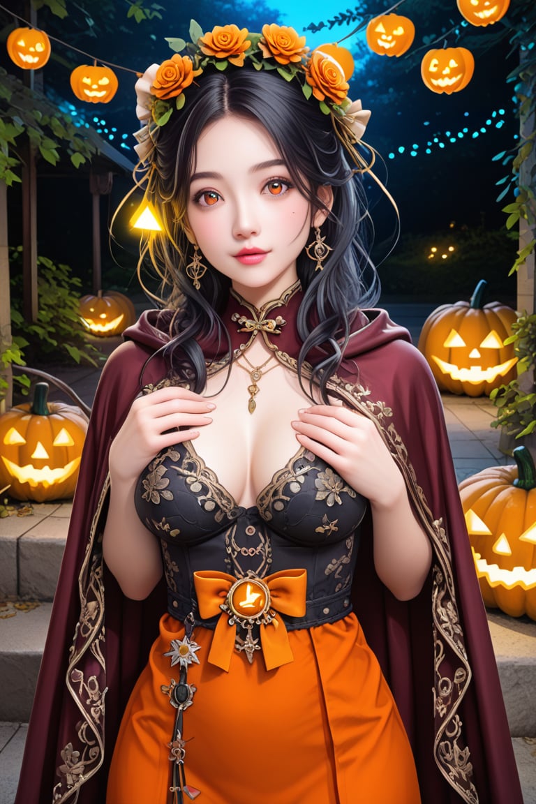 ate amidst autumnal leaves, surrounded by glowing jack-o-lanterns and twinkling string lights. Her bright orange skin glistens with dew as she gazes up at the moonlit sky, her long black hair flowing like vines down her back. A crimson cloak drapes over her shoulders, adorned with intricate gold trim and delicate pumpkin-shaped charms.3D Cartoon Anime 